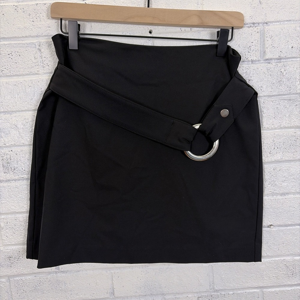 Cache Mini Skirt Womens Size 4 Black Belted Silver Ring Structured - Picture 1 of 8
